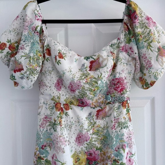 FORE White Lace Floral Print Mini Dress Puff Sleeves L - Picture 9 of 15